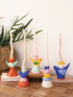 Set of 5 Ceramic Bird Taper Candle Holders NEW
